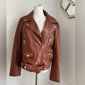 EACH X Other Paris leather motorcycle belted jacket .